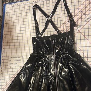 Black shiny pinafore overall dress kink goth patent latex look PU vinyl wet